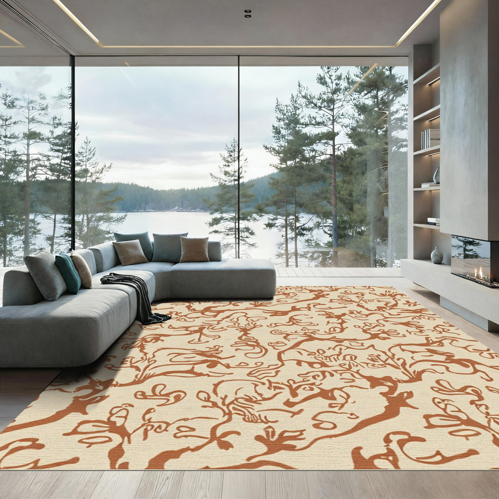 Brown Abstract Vine Garden Scene Rug