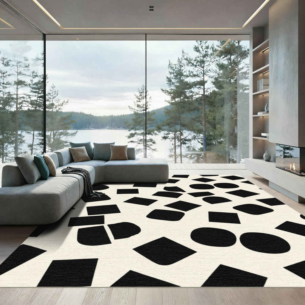Abstract Black Rounded Squares Scattered Design Rug