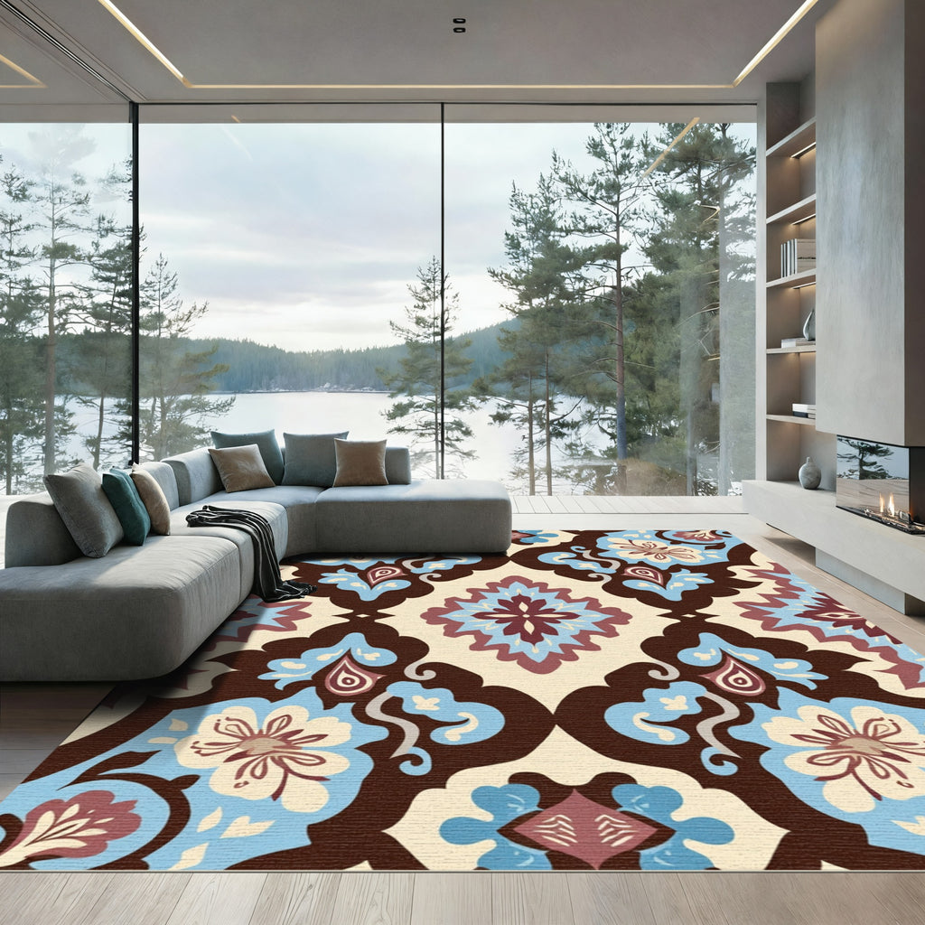 Brown Blue Floral Medallion Cream Rug
