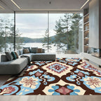 Brown Blue Floral Medallion Cream Rug