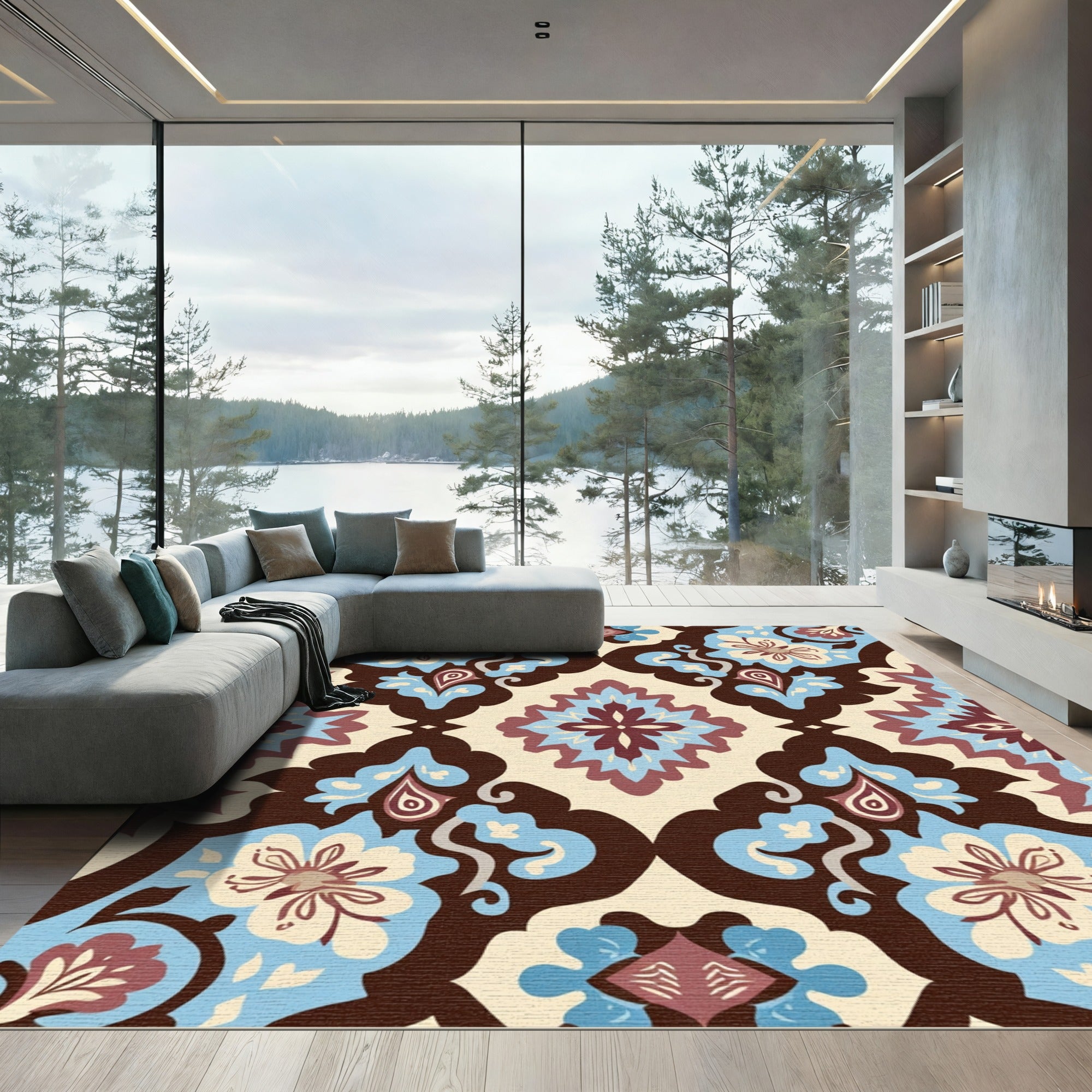 Brown Blue Floral Medallion Cream Rug