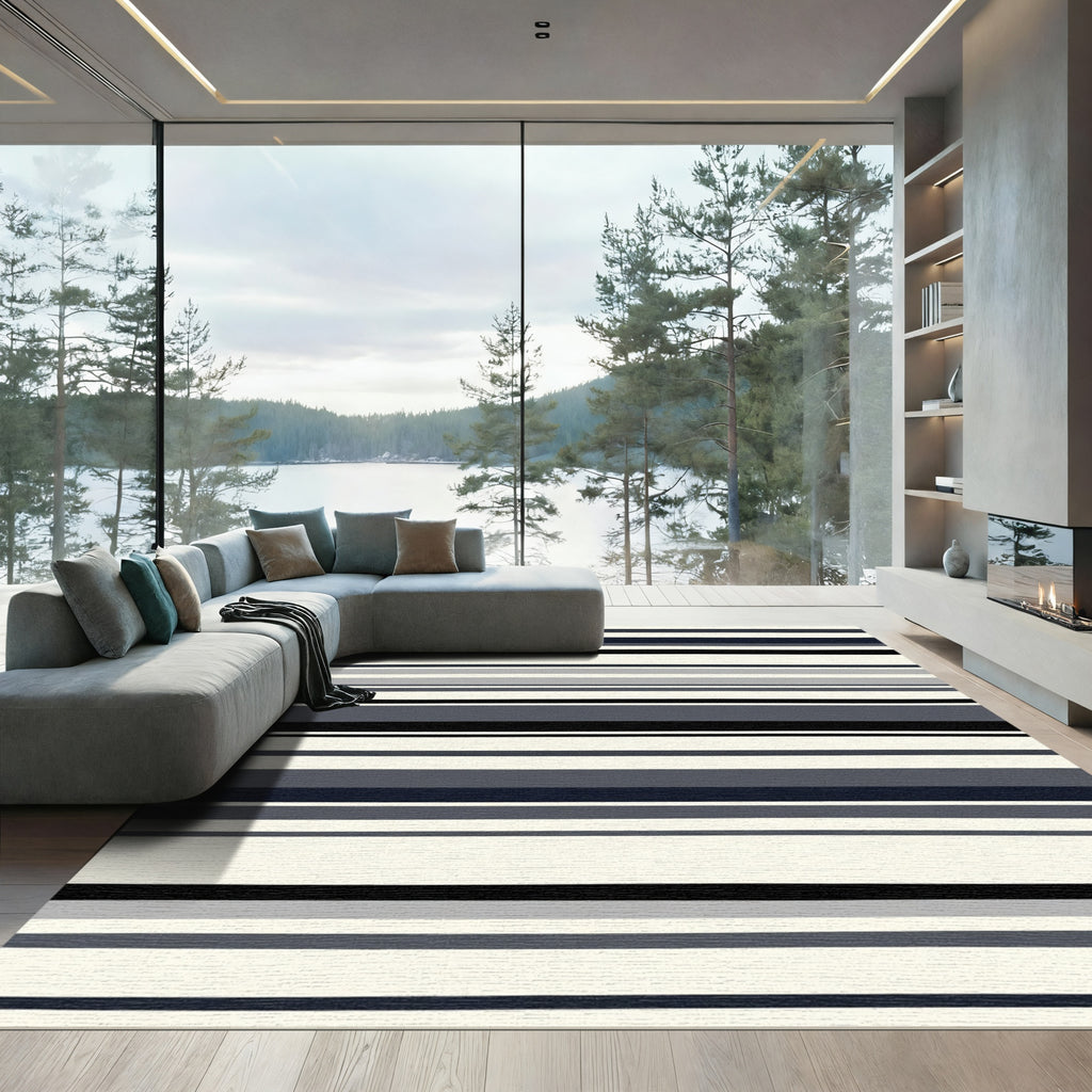 Modern Navy Gray Striped Rug