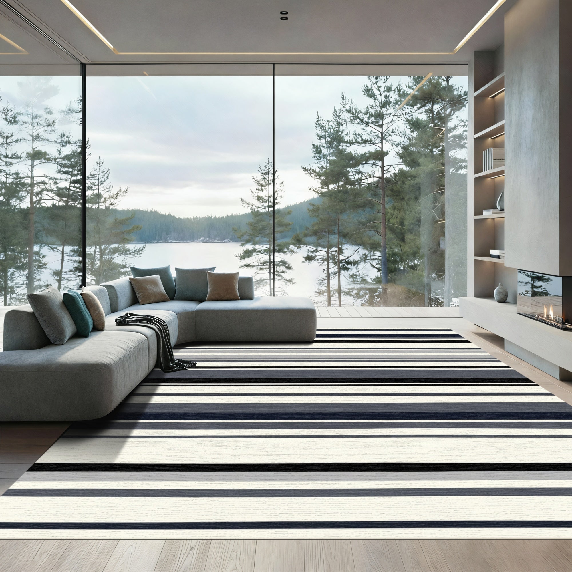 Modern Navy Gray Striped Rug