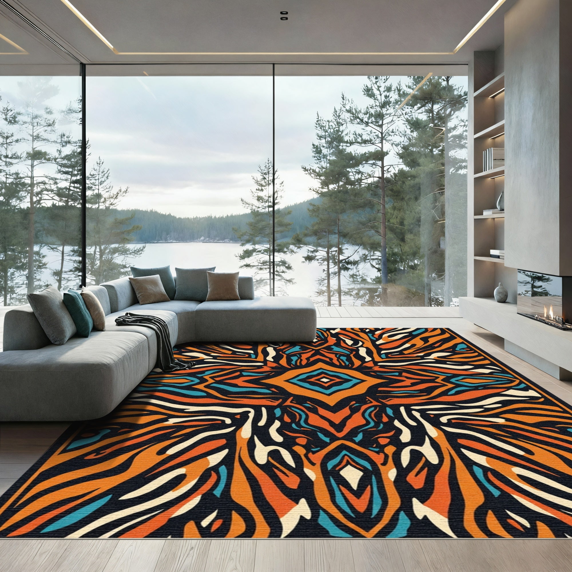 Orange Blue Abstract Zebra Stripe Rug