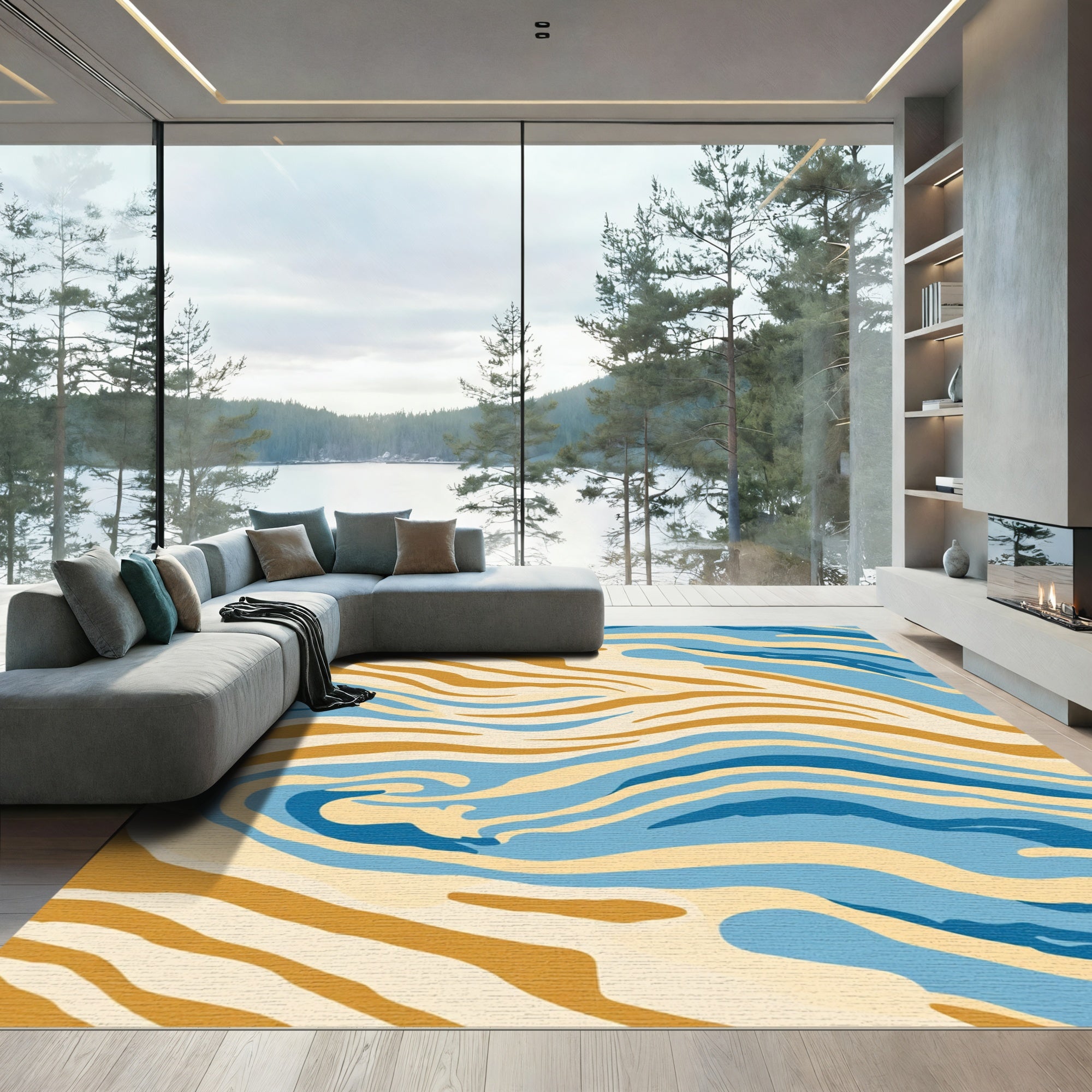 Abstract Blue Gold Swirl Rug