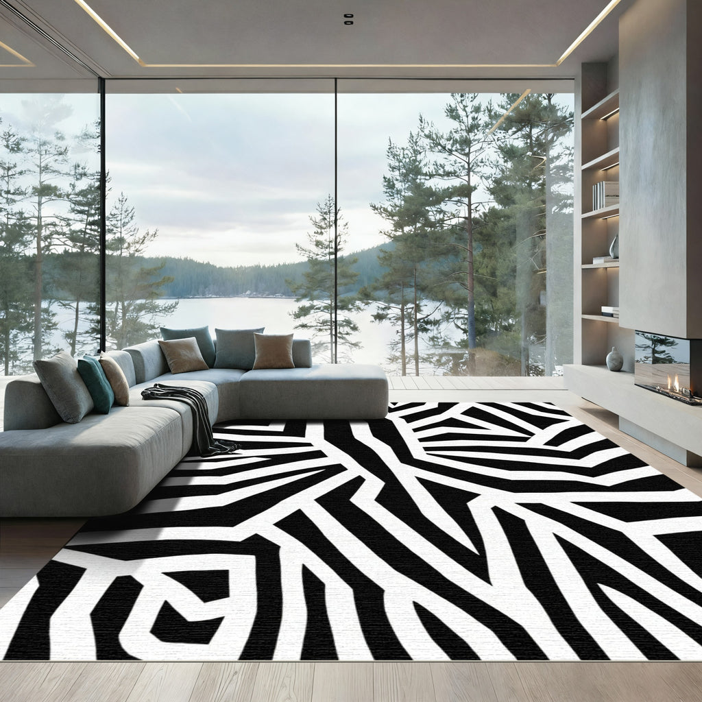 Black White Geometric Zebra Stripes Rug