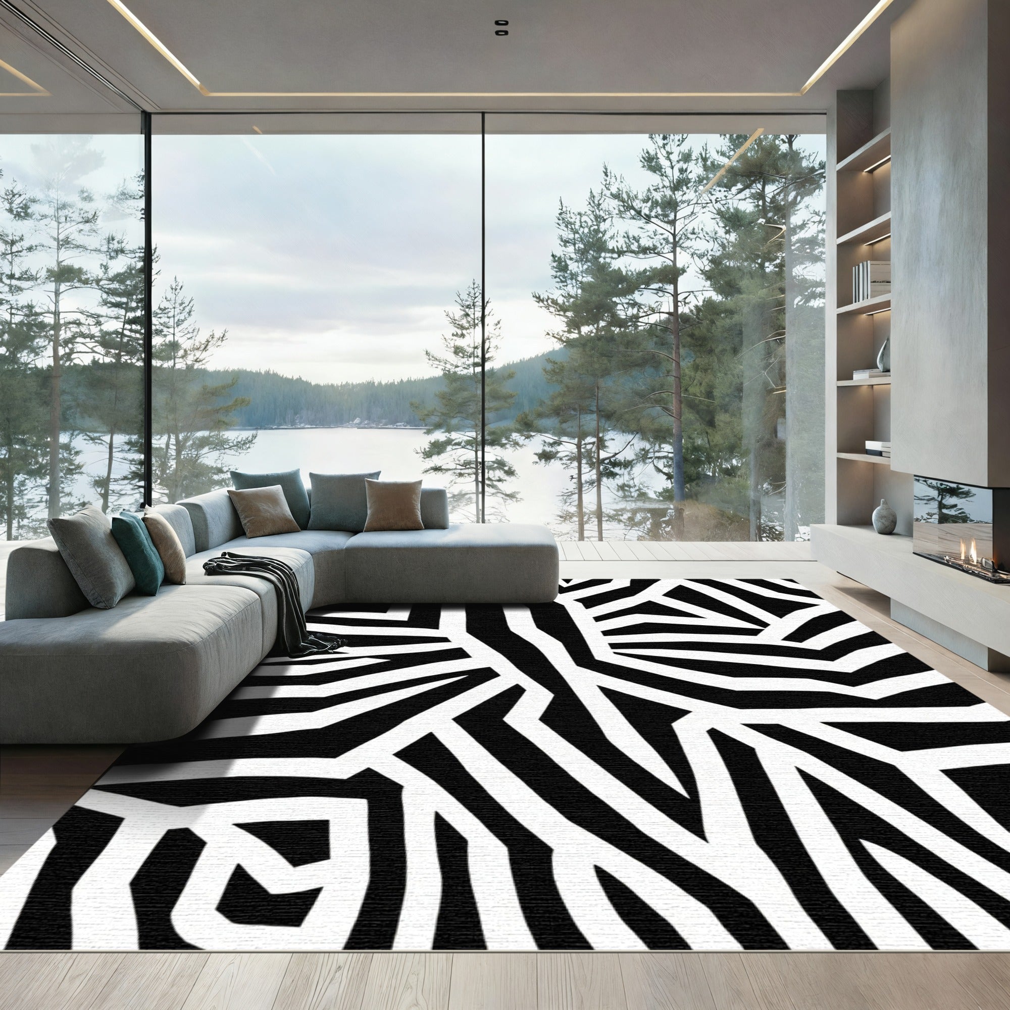 Black White Geometric Zebra Stripes Rug