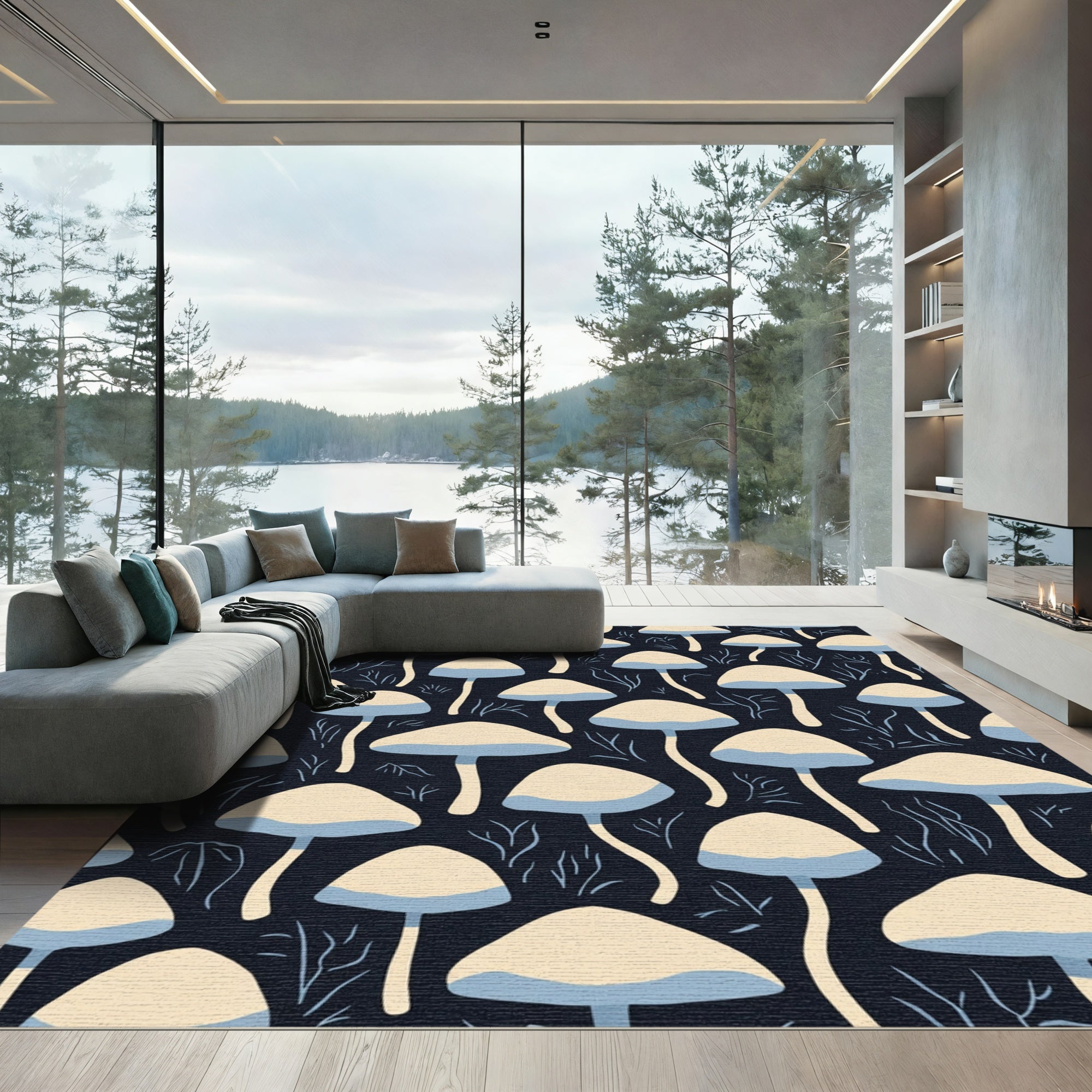 Cream Blue Mushroom Field Rug