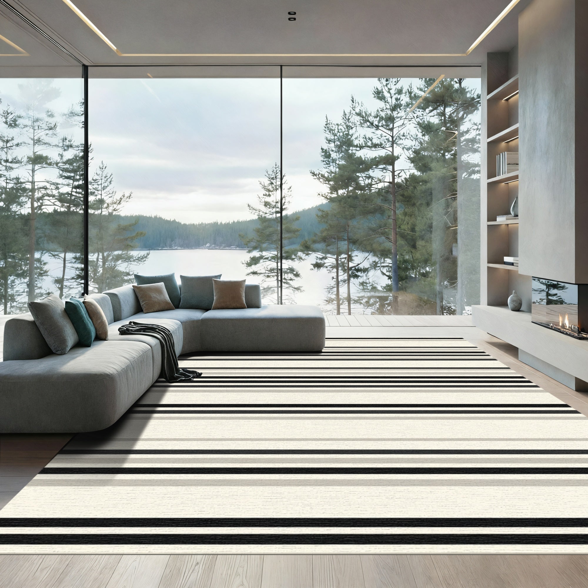 Minimalist Cream Black Striped Rug