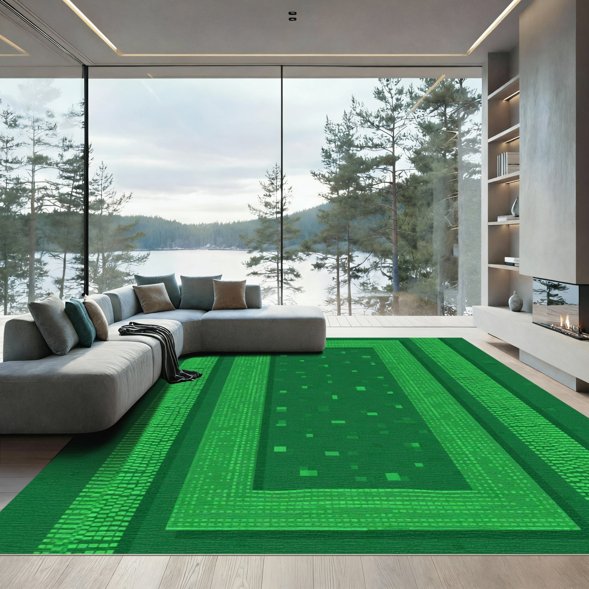 Emerald Green Rectangular Pixelated Border Rug
