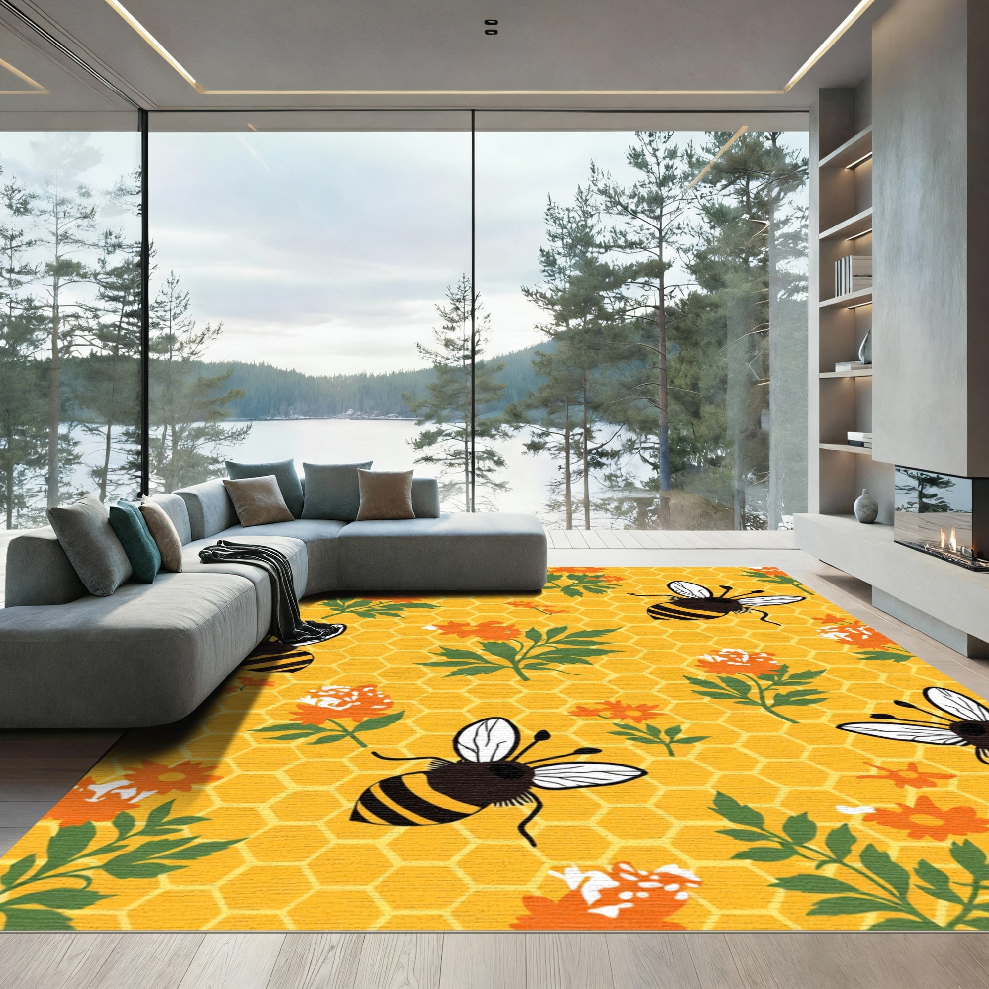 Bright yellow honeybee floral garden Rug