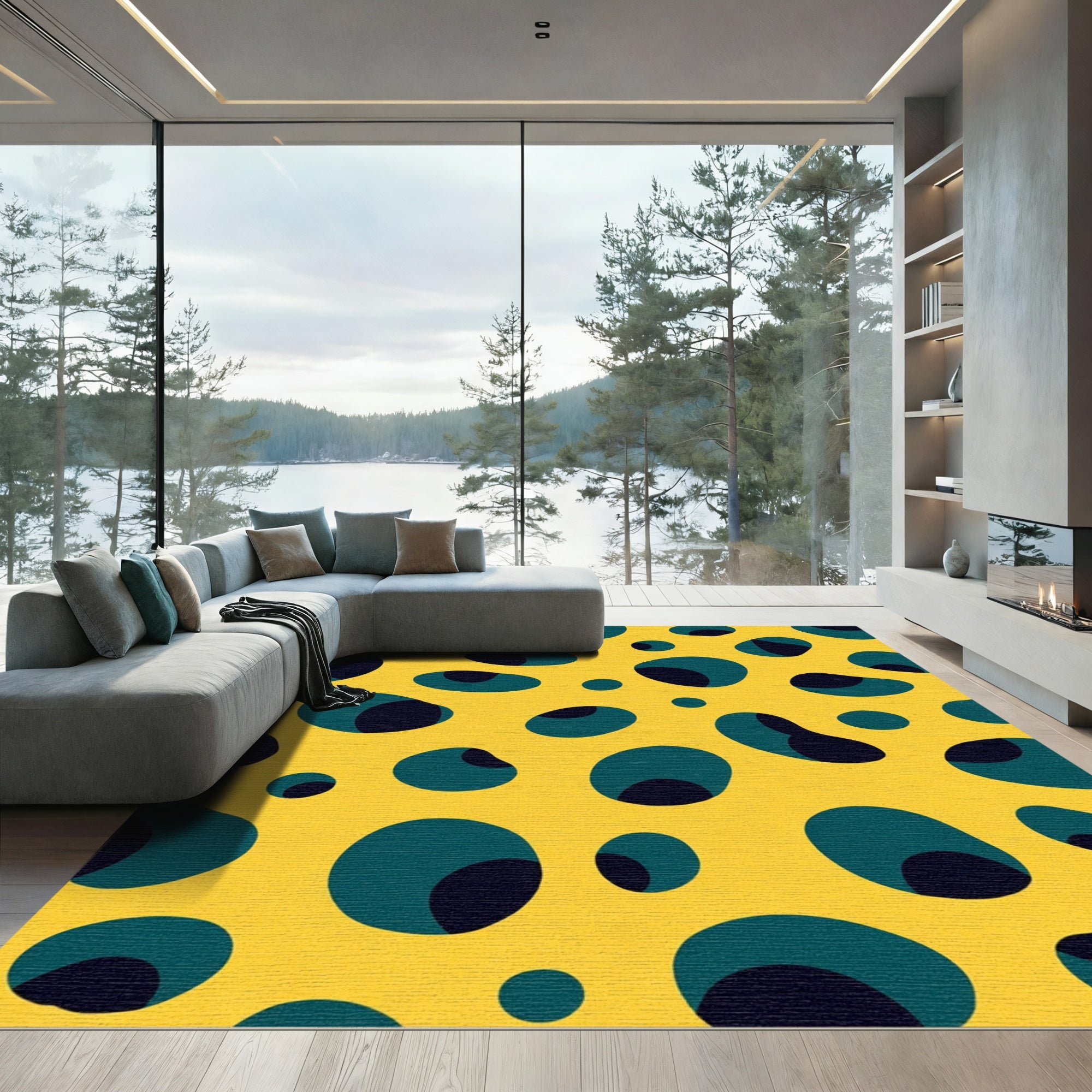 Yellow Teal Abstract Blob Rug