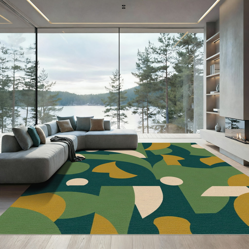 Deep Green Abstract Geometric Composition Rug