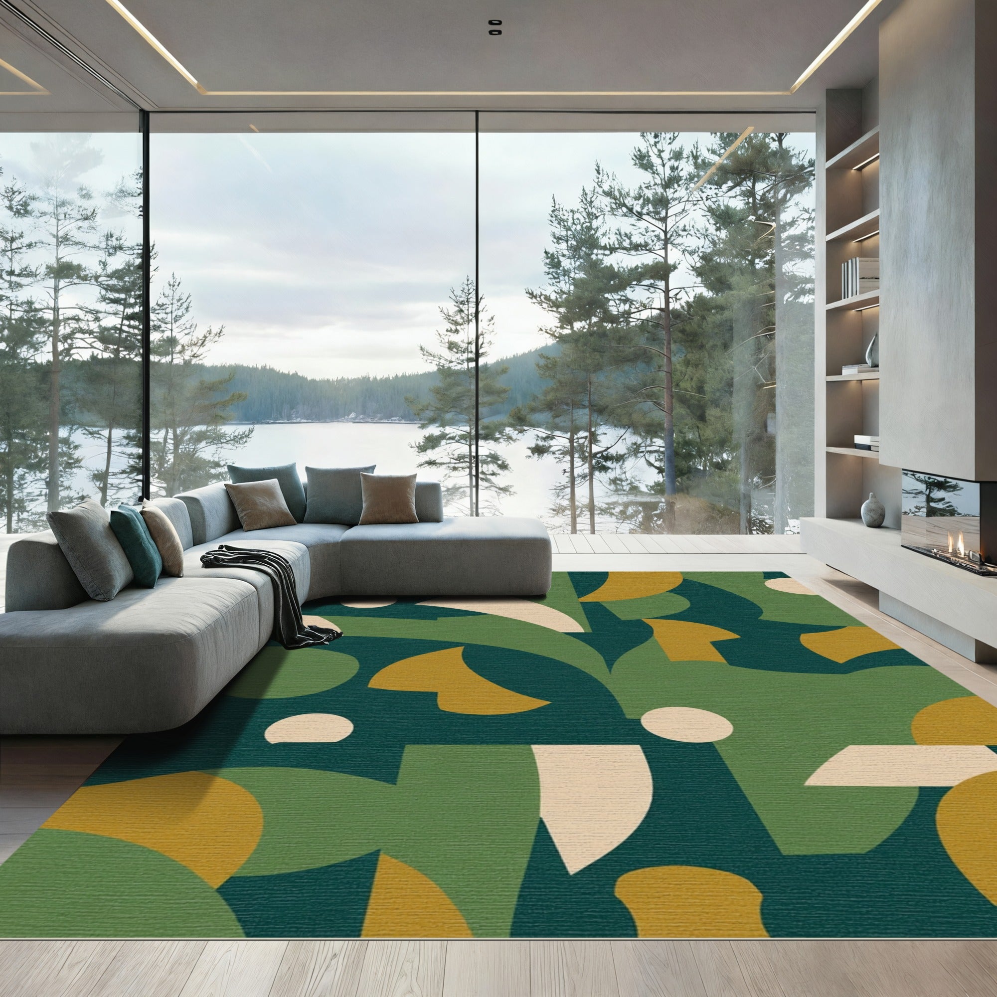Deep Green Abstract Geometric Composition Rug