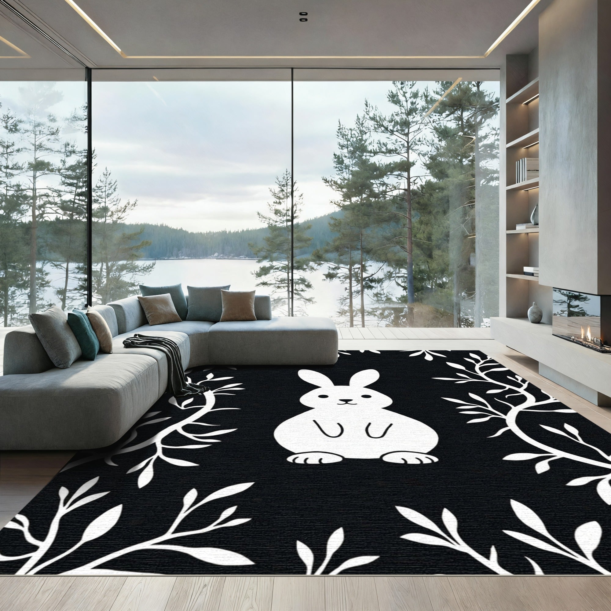 Cute White Bunny With Twig Border Rug
