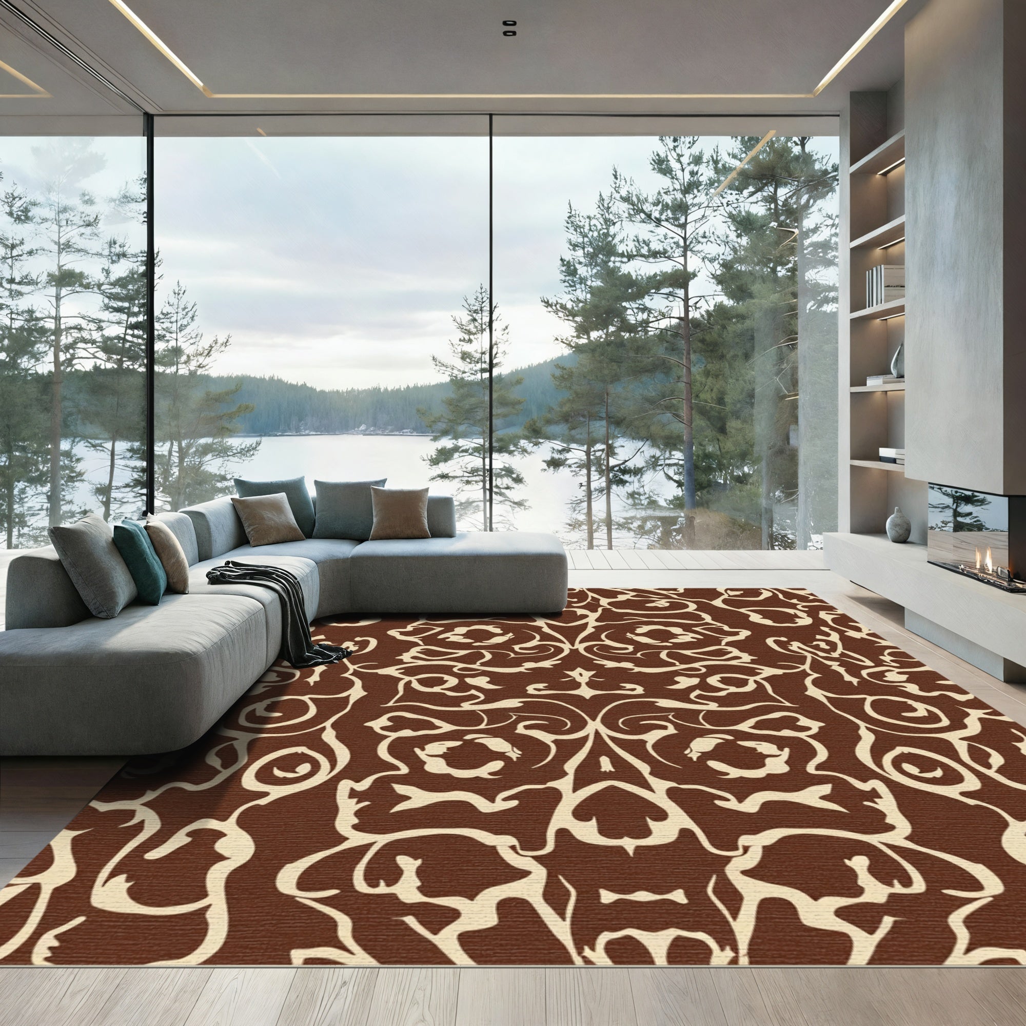 Rustic Cocoa Cream Scrollwork Rug