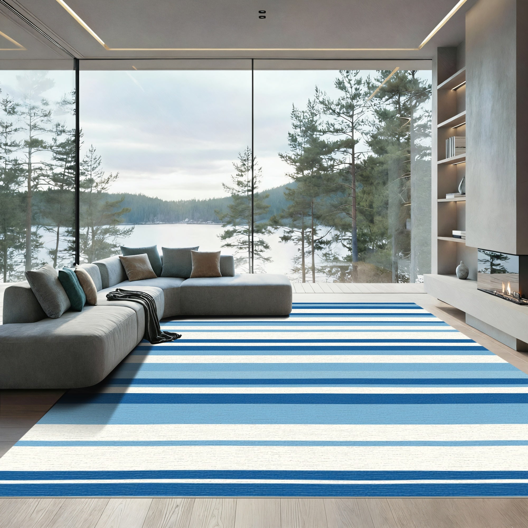 Deep Blue Subtle Striped Rug