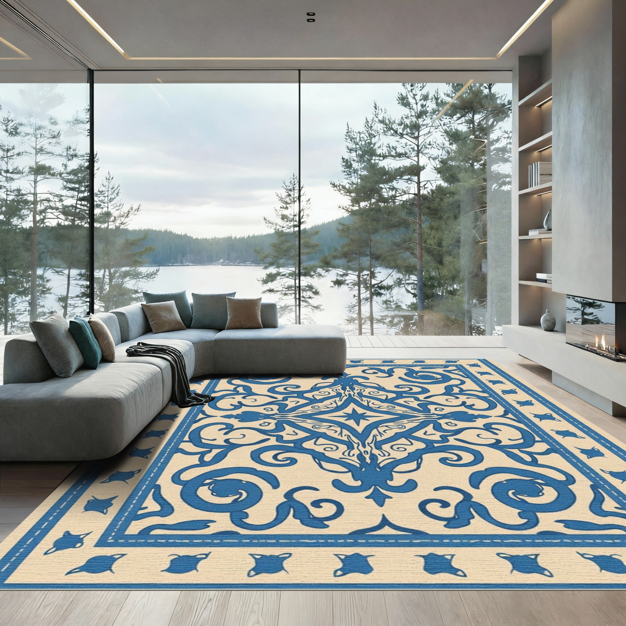 Blue Ivory Classic Scroll Medallion Rug