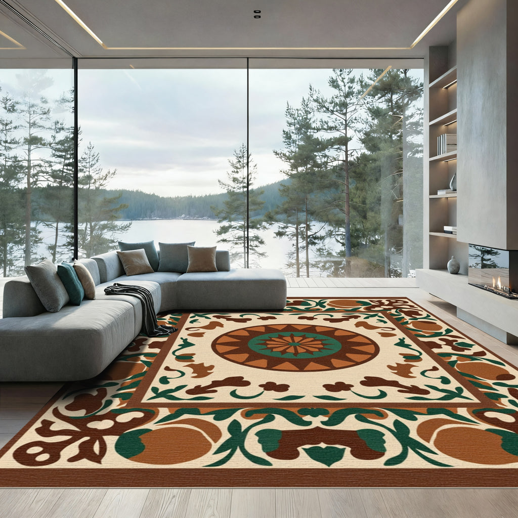 Brown Emerald Floral Medallion Border Rug