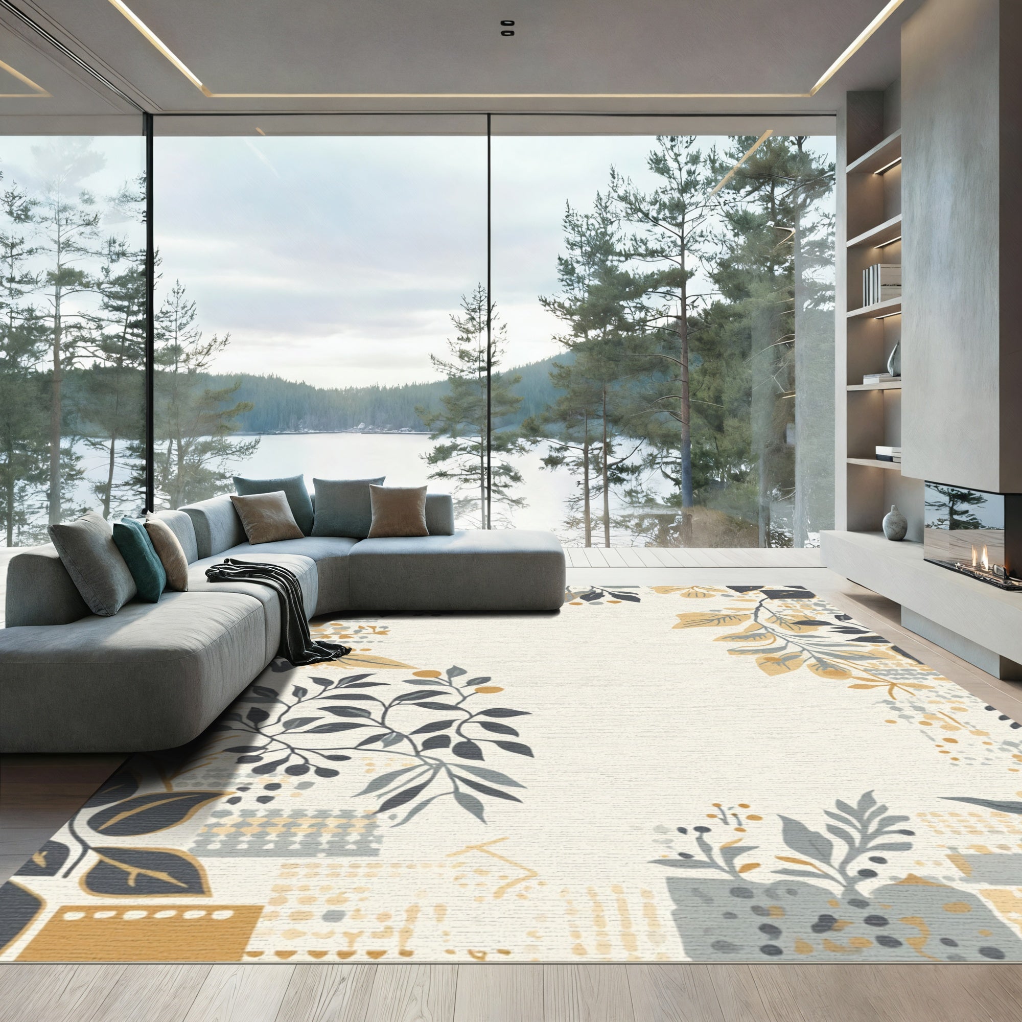 Botanical Floral Collage Ochre Gray Rug
