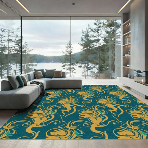 Art Nouveau Golden Swirl Teal Rug