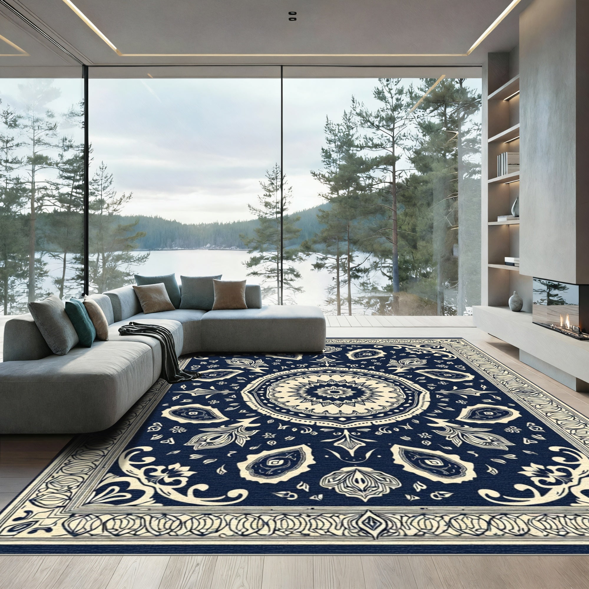 Navy Ivory Medallion Paisley Border Rug
