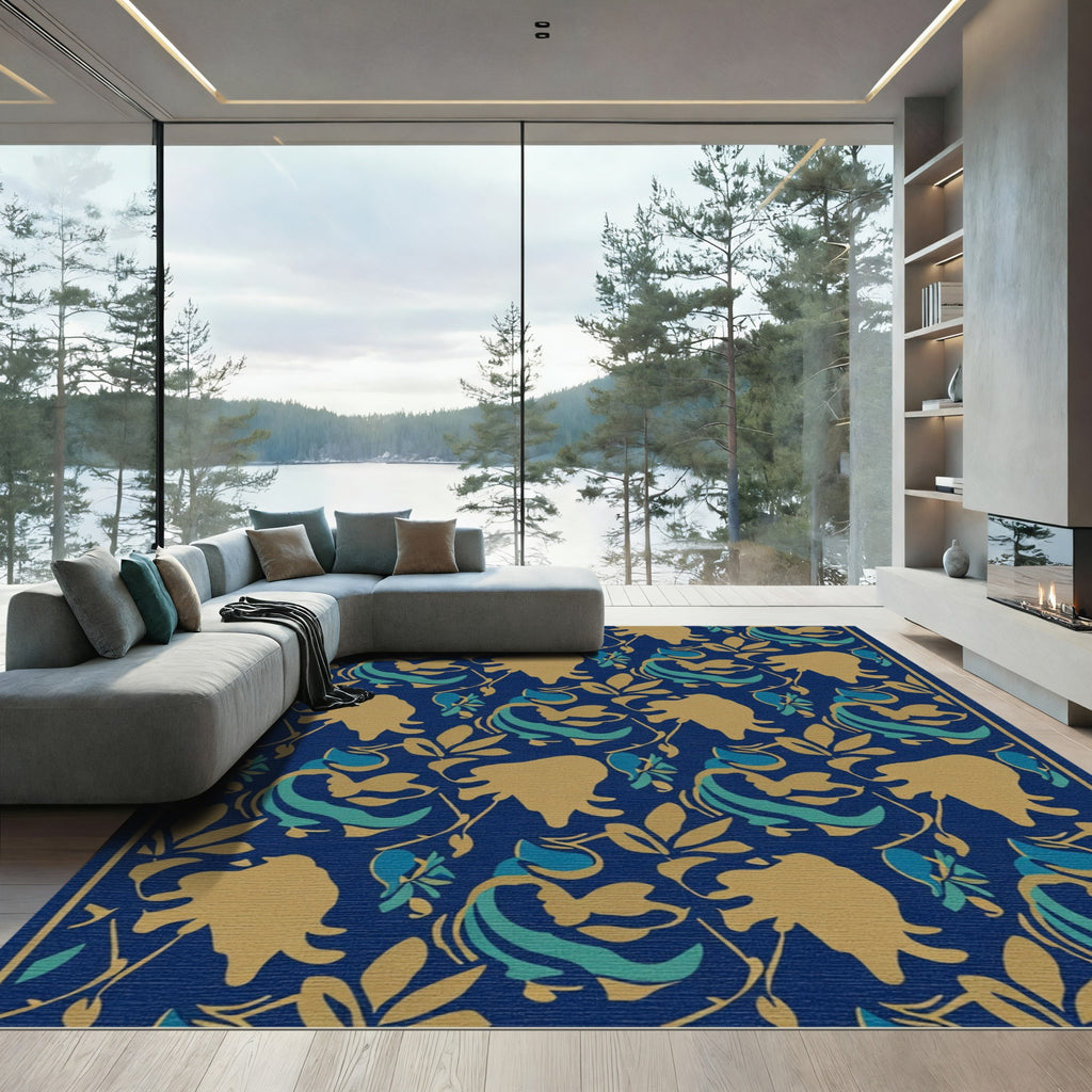 Golden Blue Floral Swirl Rug