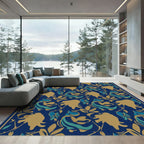 Golden Blue Floral Swirl Rug