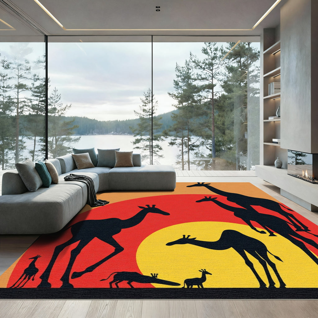 Sunset Giraffe Herd Silhouette Rug