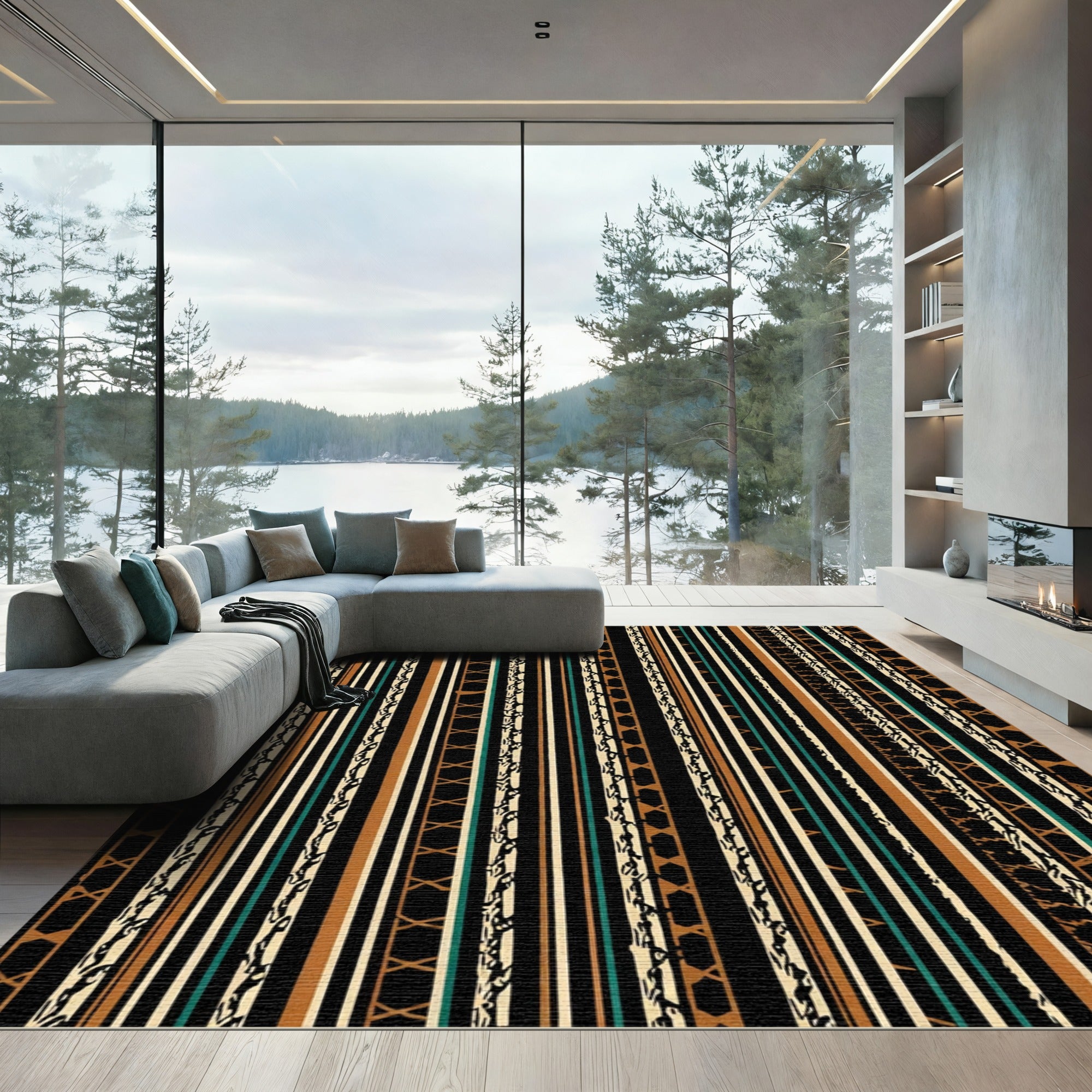 Earthy Black Geometric Tribal Stripe Rug