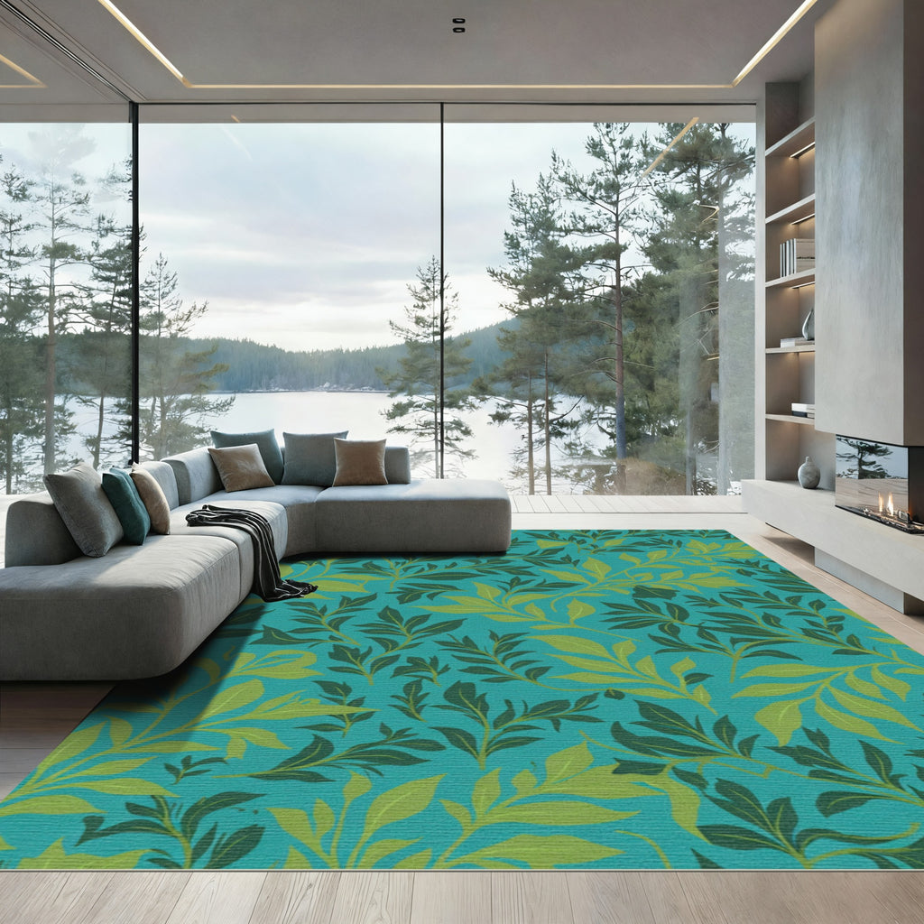 Teal Green Leafy Branch Arrangement Rug