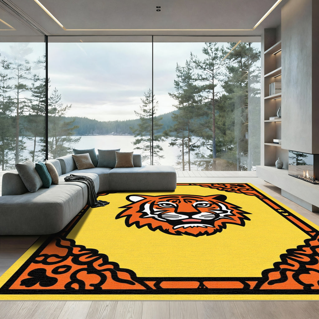 Orange Tiger Face Yellow Border Rug