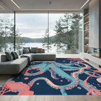 Vibrant Teal Coral Octopus Swirl Rug