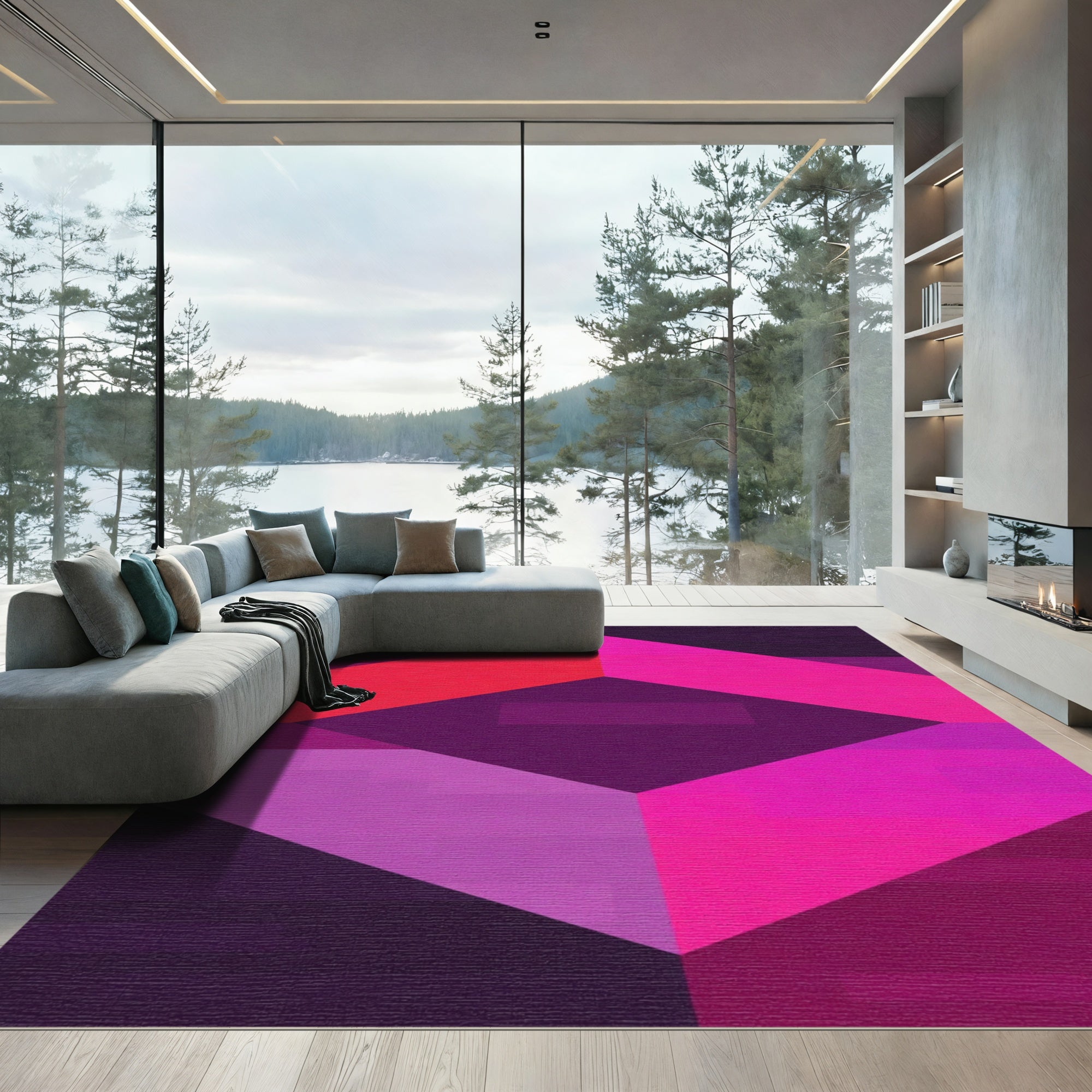 Vibrant Pink Geometric Cube Abstraction Rug