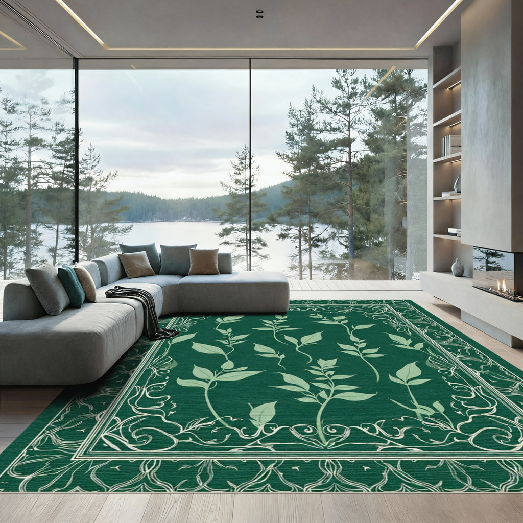 Deep Green Botanical Vine Border Rug
