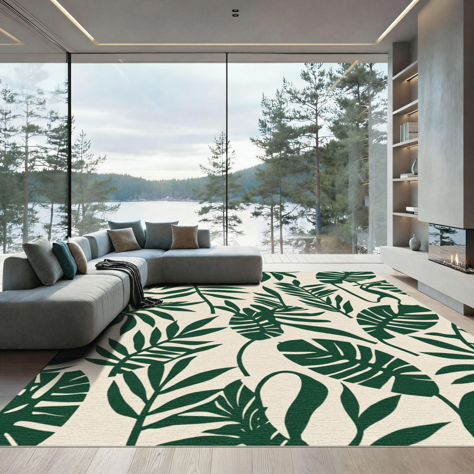Forest Green Tropical Leaf Collage Rug
