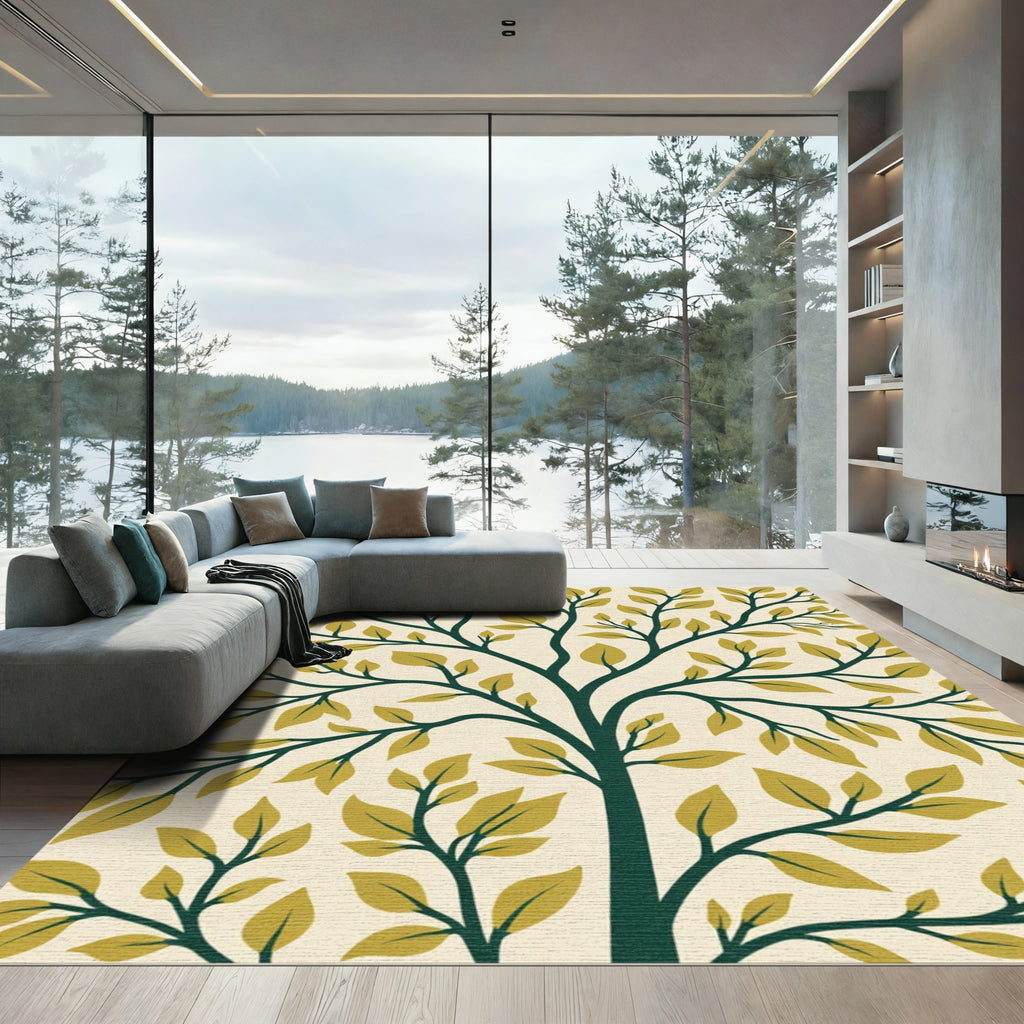 Deep Green Tree Branch Leaf Rug