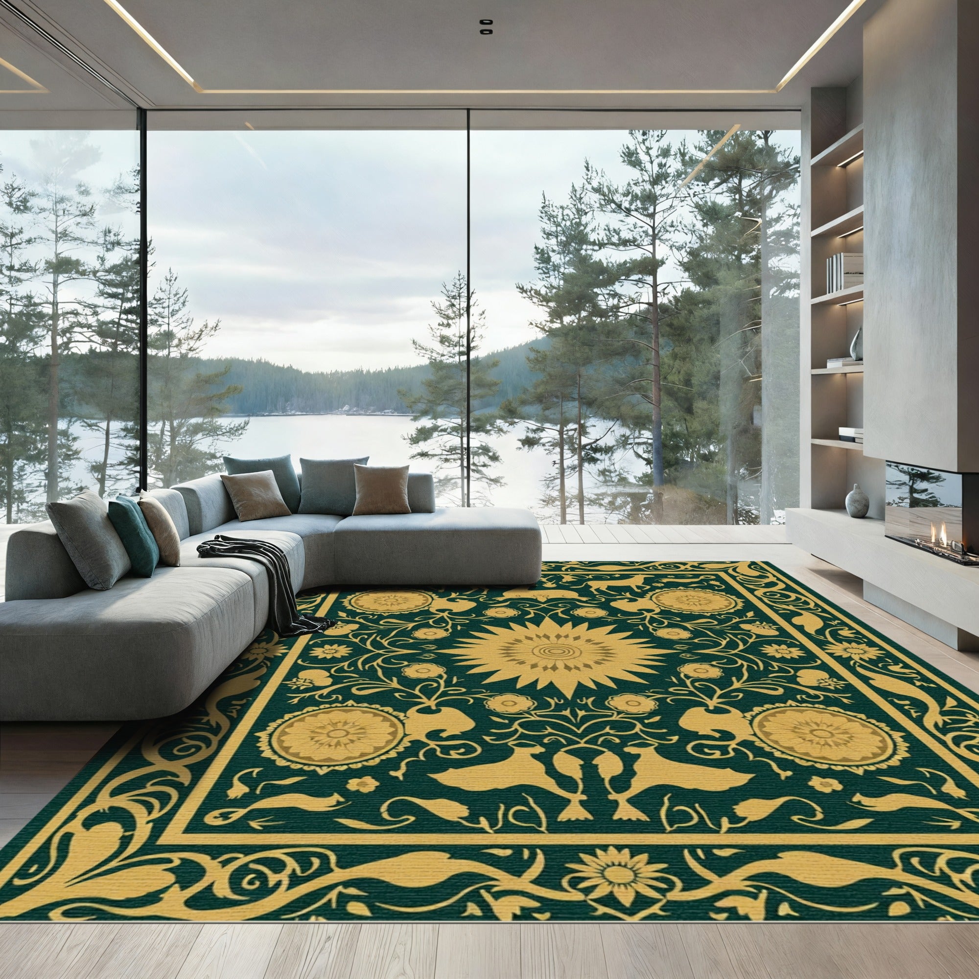 Golden Forest Animals Sunburst Rug