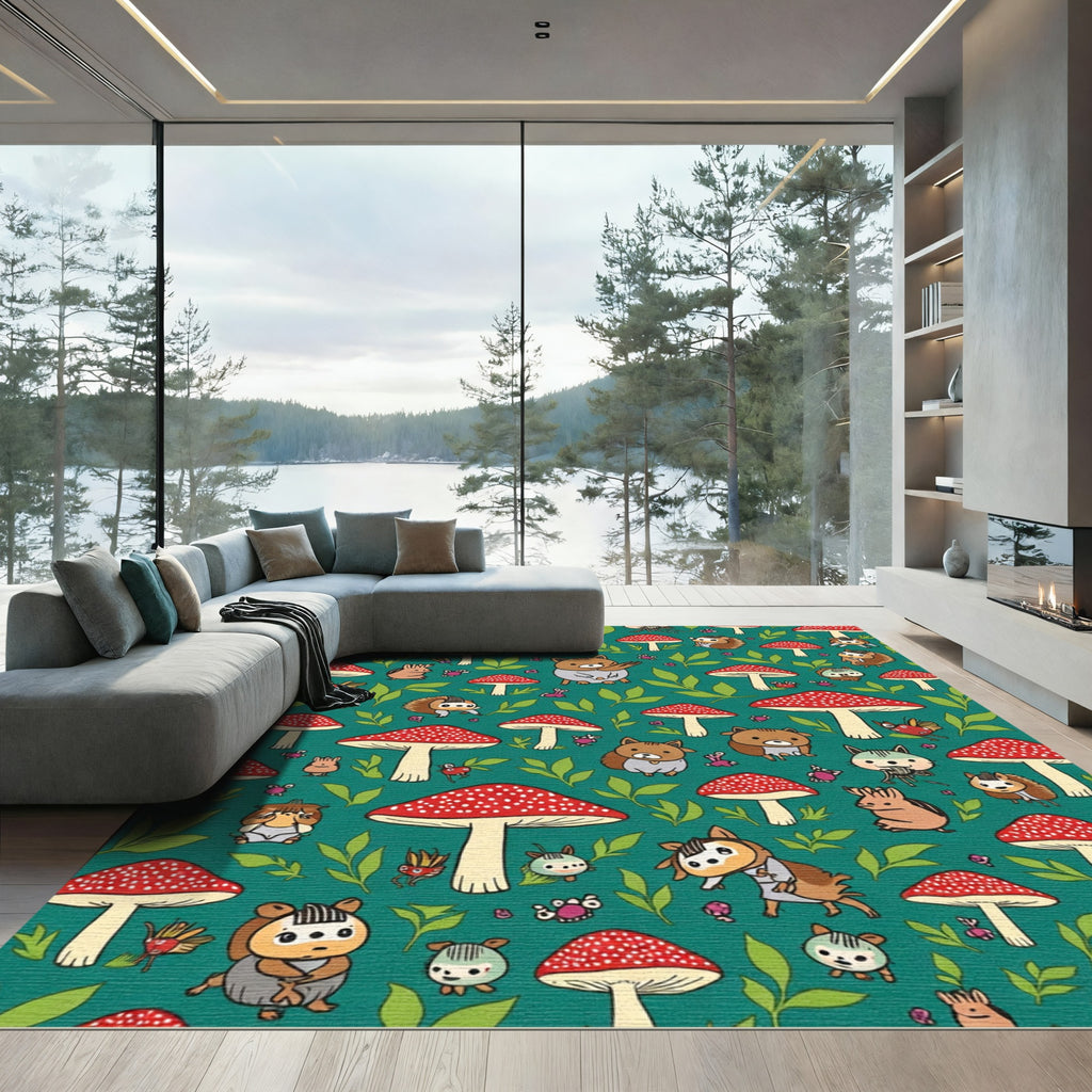 Whimsical Forest Creatures Mushroom Garden Rug