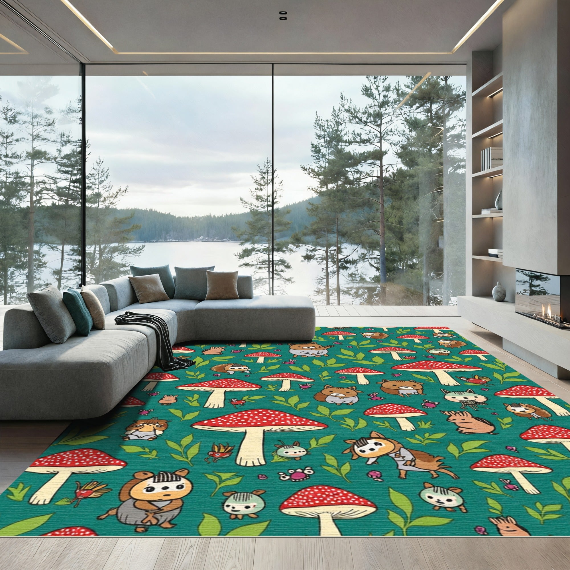 Whimsical Forest Creatures Mushroom Garden Rug