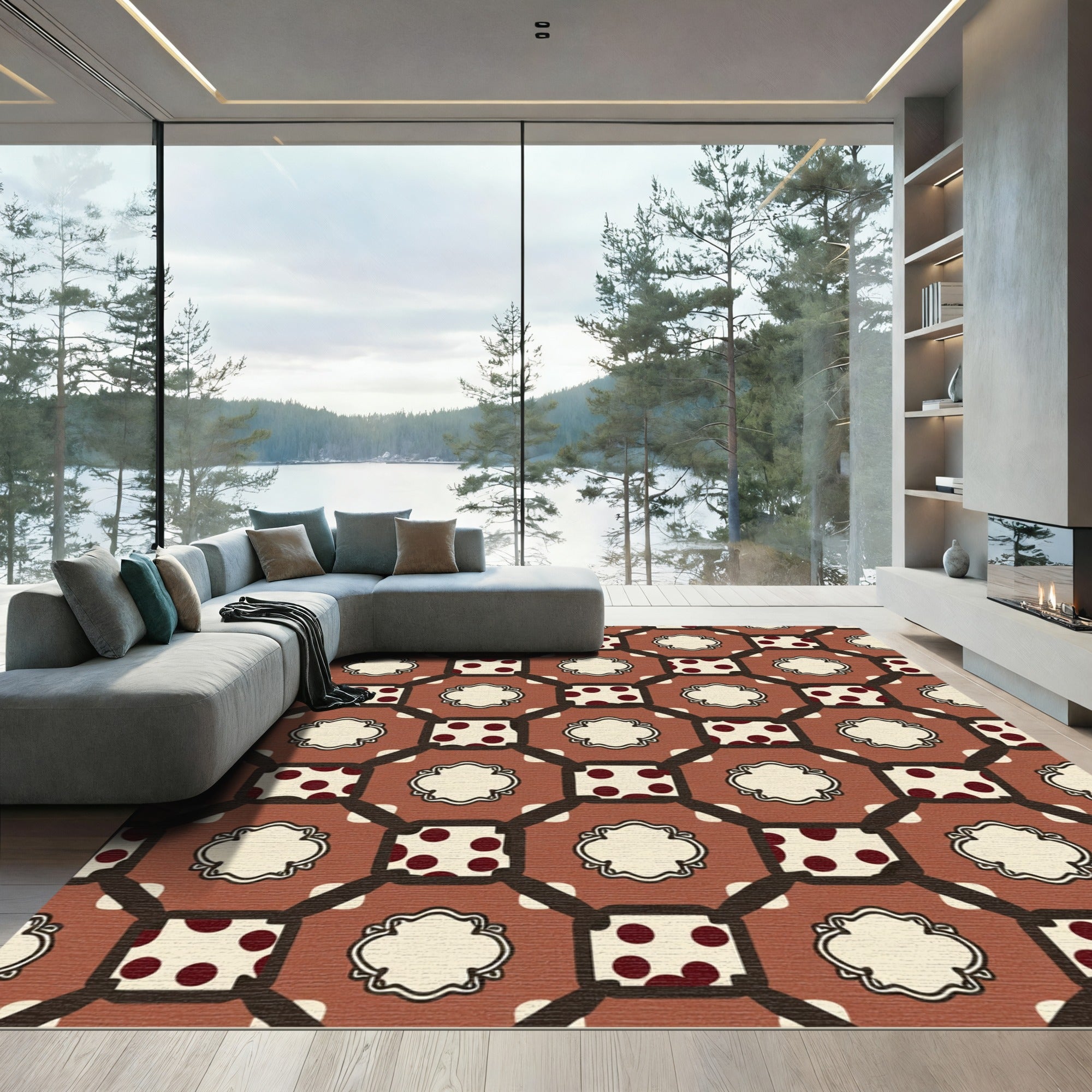 Terracotta Polka Dot Quatrefoil Lattice Rug