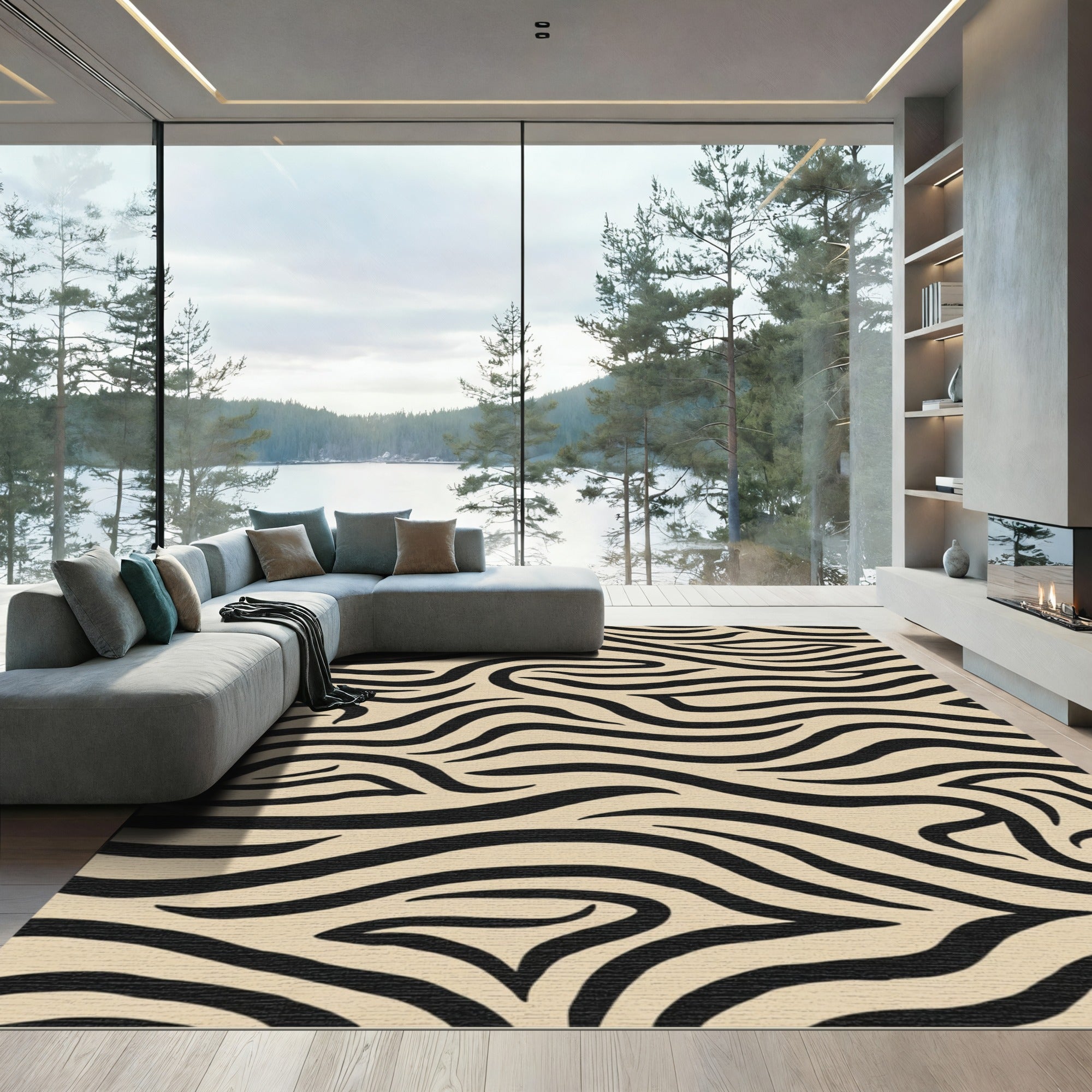 Black Wavy Stripes Tan Background Rug