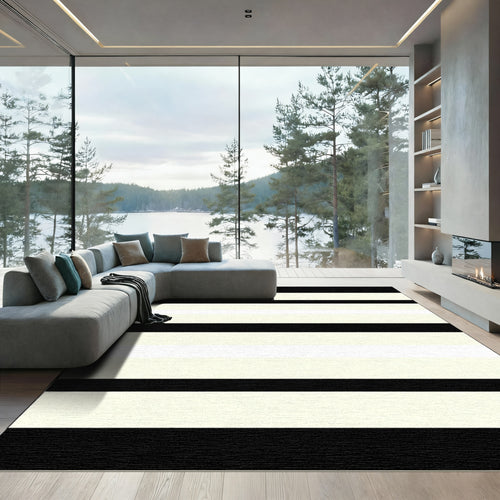 Bold Black Cream Horizontal Stripe Rug