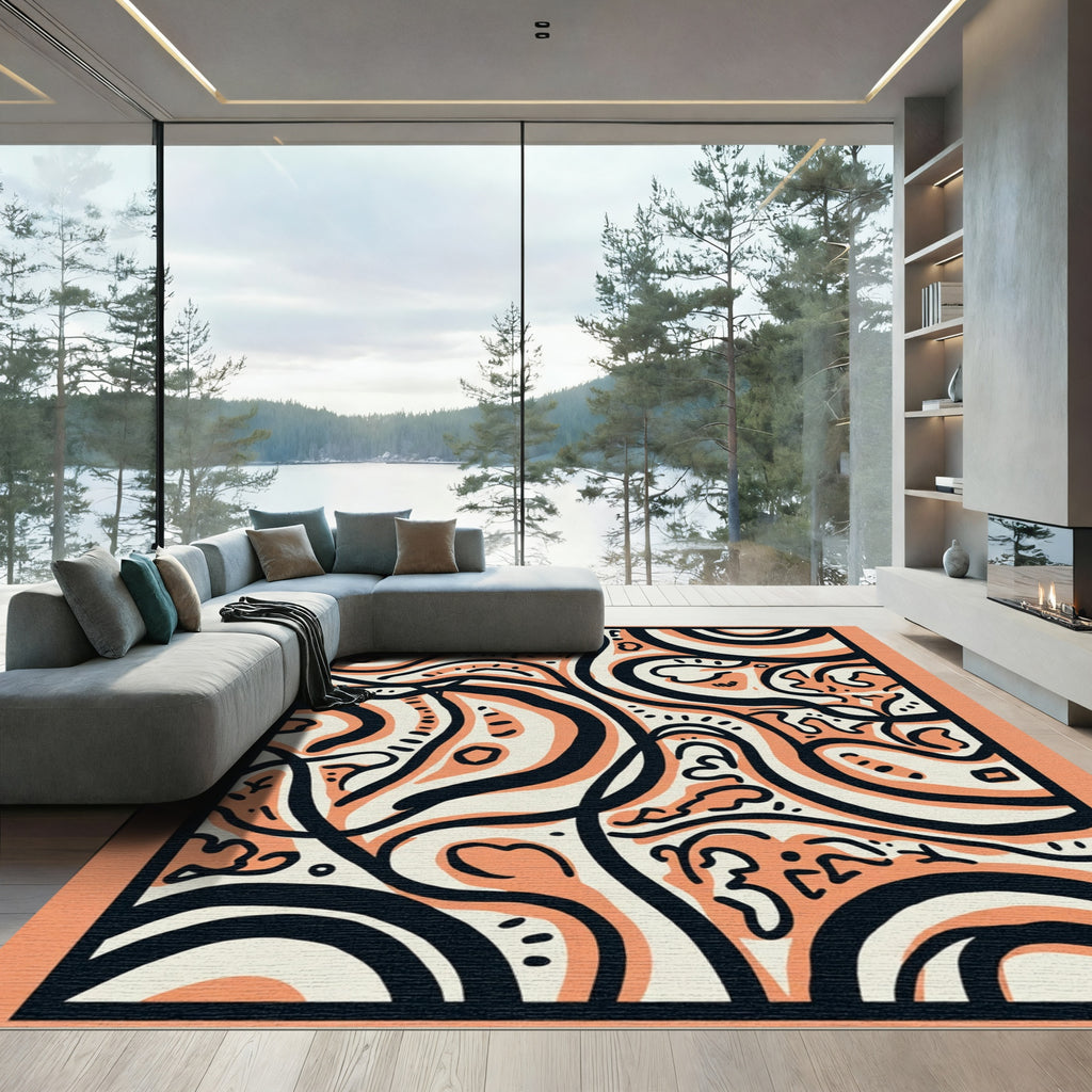 Abstract Coral Black Wavy Lines Rug