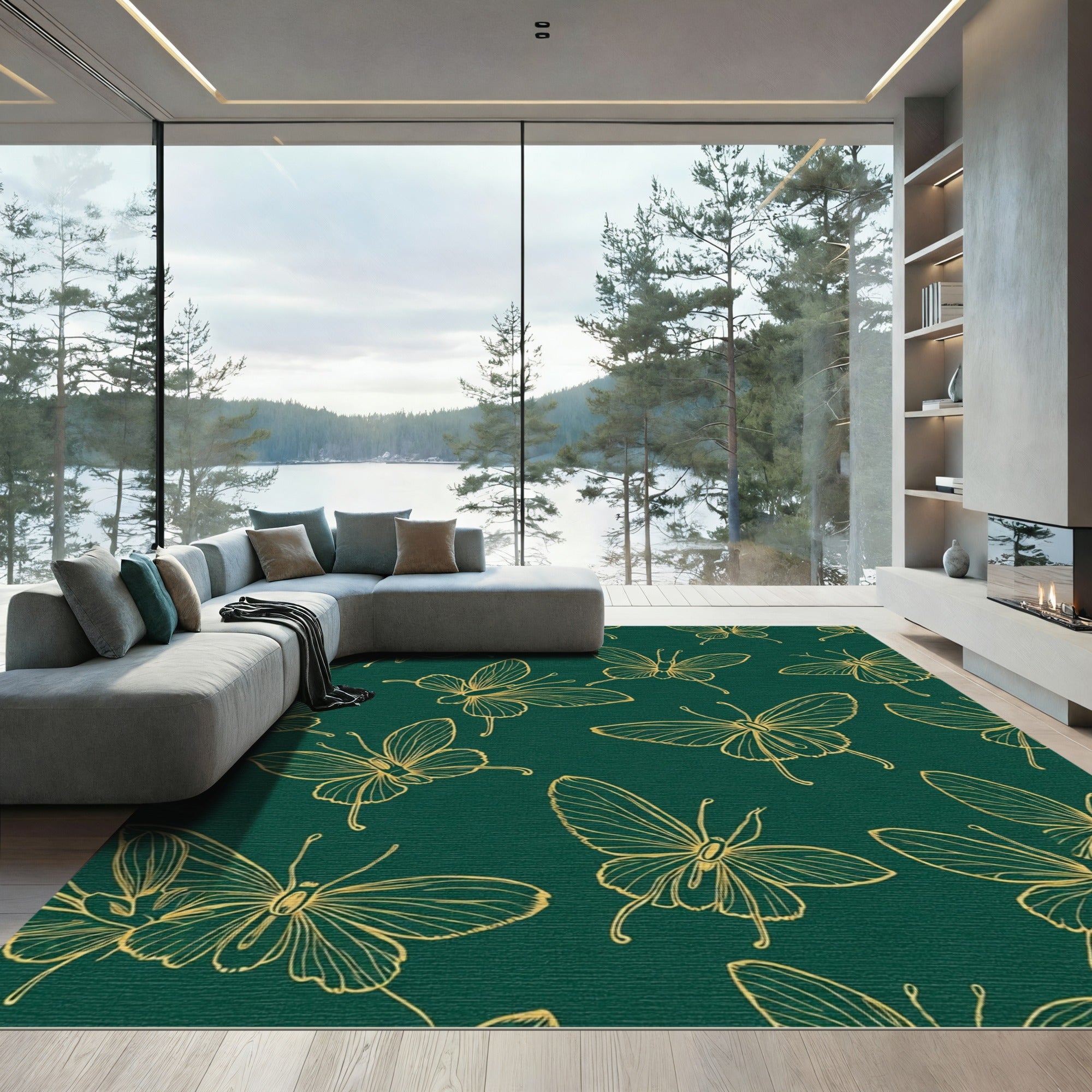 Dramatic Gold Butterfly Flourish Emerald Rug