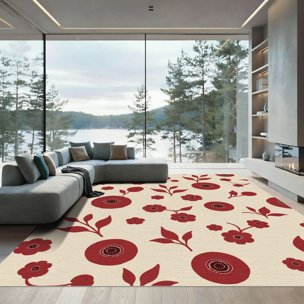Crimson Floral Branches on Cream Ground Rug