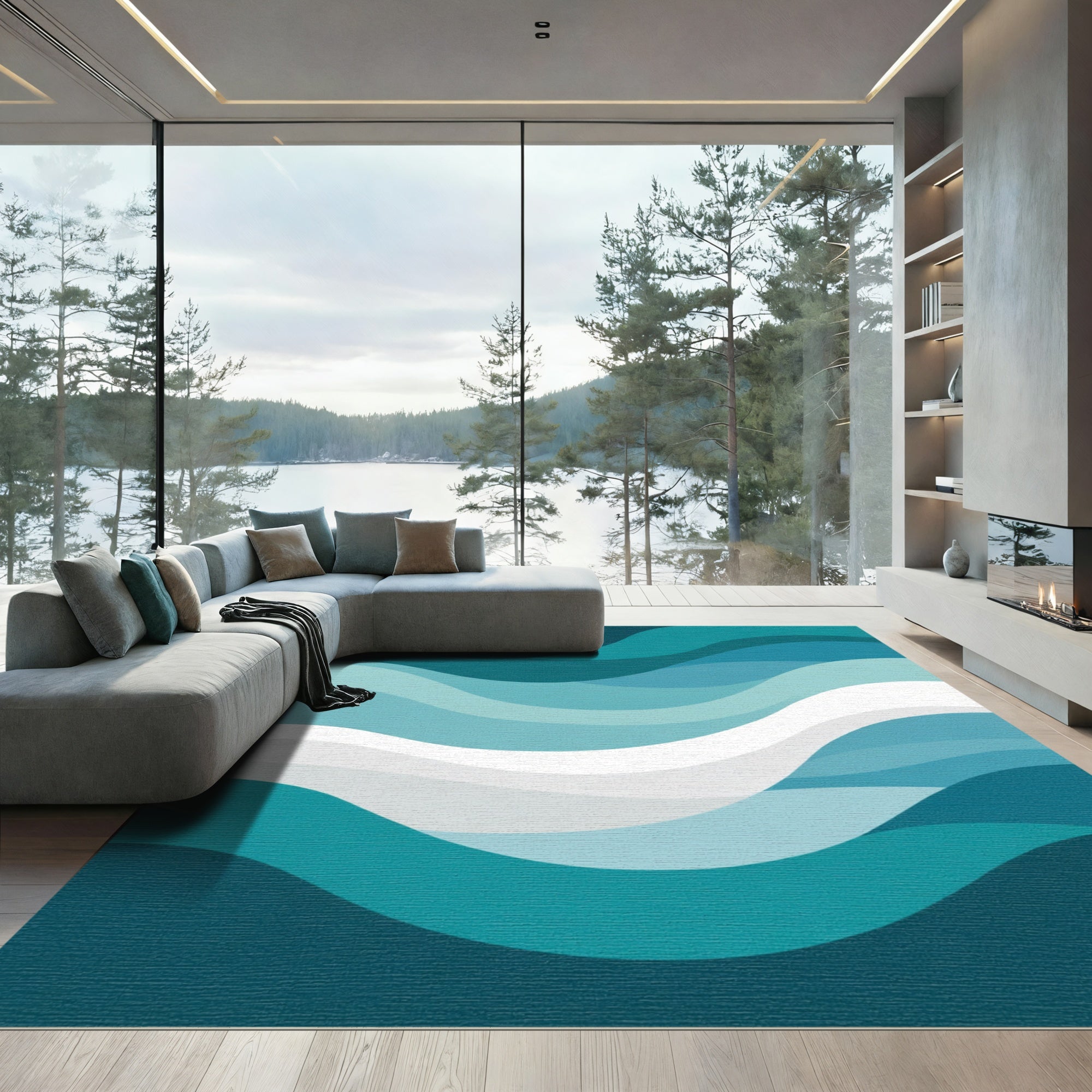 Teal White Abstract Ocean Waves Rug