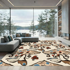 Whimsical Brown Blue Mushroom Folk Art Rug