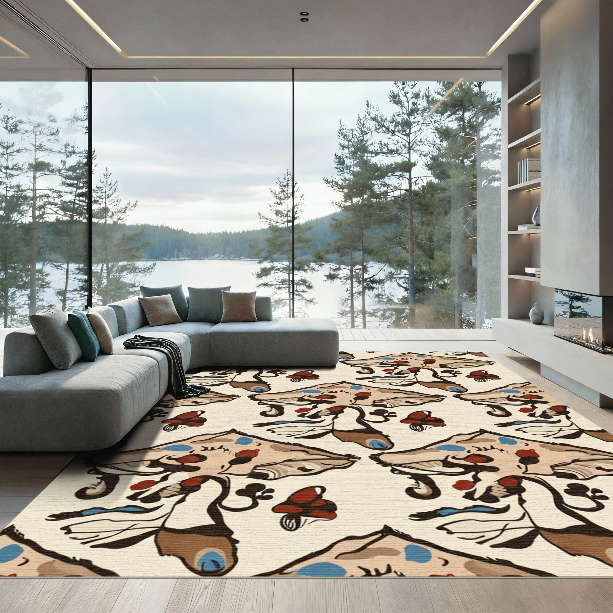 Whimsical Brown Blue Mushroom Folk Art Rug