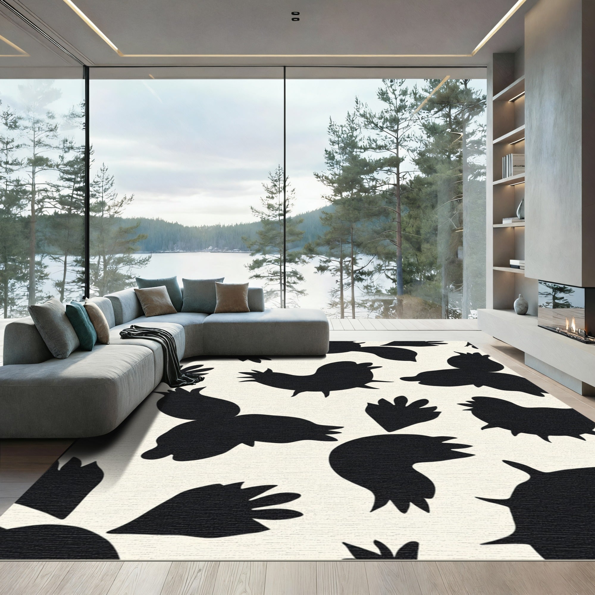 Black and Cream Abstract Bird Forms Rug